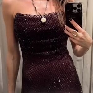 ZARA DIAMOND MESH BURGUNDY STRAPLESS MINI DRESS, SIZE SMALL, NWOT